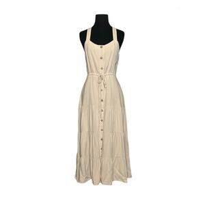 Lulus beige linen sleeveless tiered midi dress size small